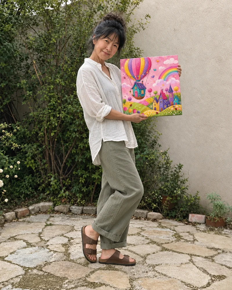 Aiko Mori holding one of her whimsical acrylic paintings